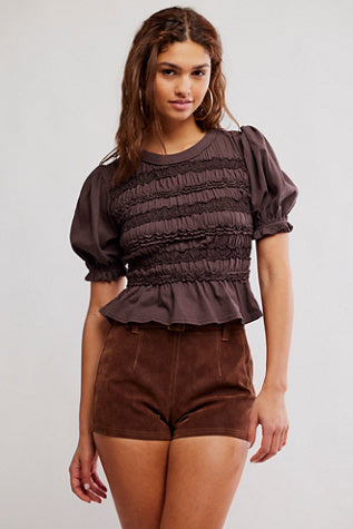 Free People Cropped puff sleeve blouse with smocked detailing and peplum hem