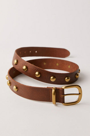 Cognac leather belt with rounded brass buckle and stud accents