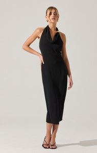 Black halter cowl neck midi dress with gold hardware by ASTR the Label