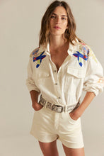 Free People Take Flight Emb Shirt white oversized button-down with colorful embroidery detail