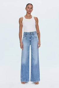 Model is wearing the Lana DBL wide leg jeans from Pistola in the color Terrace.