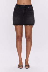 denim Classic black mini with low hip fit and sleek silhouette