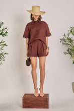 Front view of midnight linen lace shirt by English Factory with collar and hidden placket