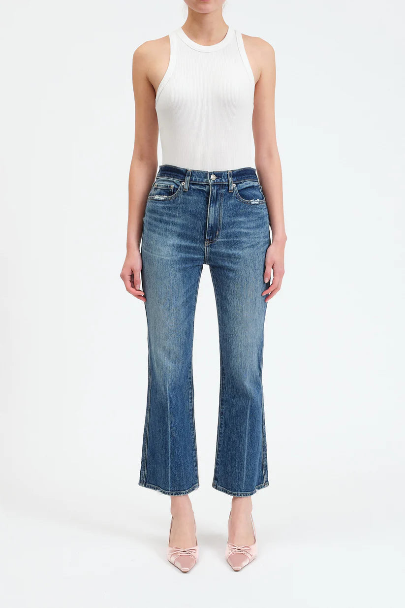 Front view of DAZE Soho High Rise Ankle Flare Jeans in distressed medium wash