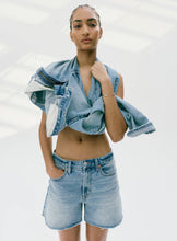 Kennedy Mid Rise Short in sun-washed blue - Front view showing 4.5" inseam