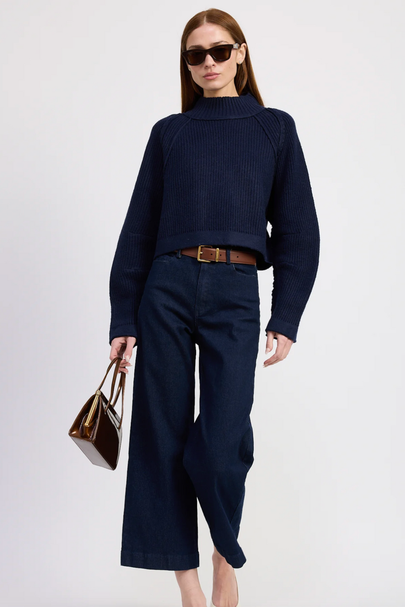 Model wearing Odette Sweater in navy
