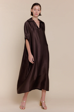 Front view of the Tania Dress – collared caftan-inspired midi in lightweight Italian silky cotton satin.