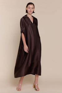 Front view of the Tania Dress – collared caftan-inspired midi in lightweight Italian silky cotton satin.