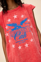Johnny Cash graphic muscle tank by Daydreamer LA with distressed red wash and blue eagle print