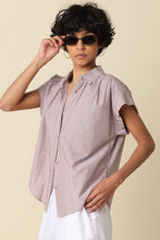 Olivaceous - Brielle Striped Flutter Sleeve Blouse: Brown / Contemporary / M