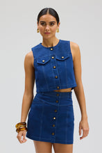 ALLISON New York Andie Vest in Navy, front detail showing silver buttons and chest pockets