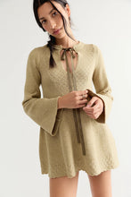 Free People Bali Old Flame Olive Tree sweater mini dress, front view of ribbon neckline and knit