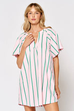 Lalavon - ILD4549 STRIPE V-NECK FLOWY SHORT SLEEVE DRESS: PINK-GREEN / SMALL