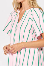 Lalavon - ILD4549 STRIPE V-NECK FLOWY SHORT SLEEVE DRESS: PINK-GREEN / SMALL