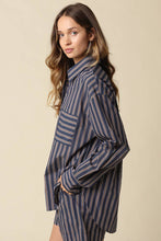 Olivaceous - Hunter Stripe Oversized Shirt: Navy Brown / Contemporary / L