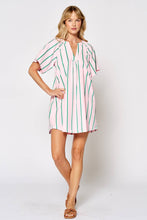 Lalavon - ILD4549 STRIPE V-NECK FLOWY SHORT SLEEVE DRESS: PINK-GREEN / SMALL