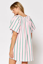 Lalavon - ILD4549 STRIPE V-NECK FLOWY SHORT SLEEVE DRESS: PINK-GREEN / SMALL