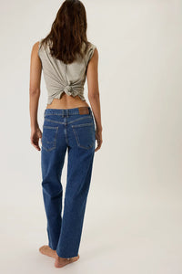 Mid rise straight jeans with paneled detailing and lightly distressed edges