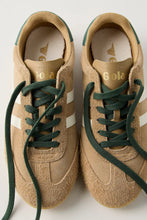 Gola Sprinter Suede sneakers with evergreen laces and white stripes, overhead detail