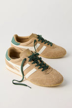 Gola Sprinter Suede caramel sneakers with white stripes, paired studio view