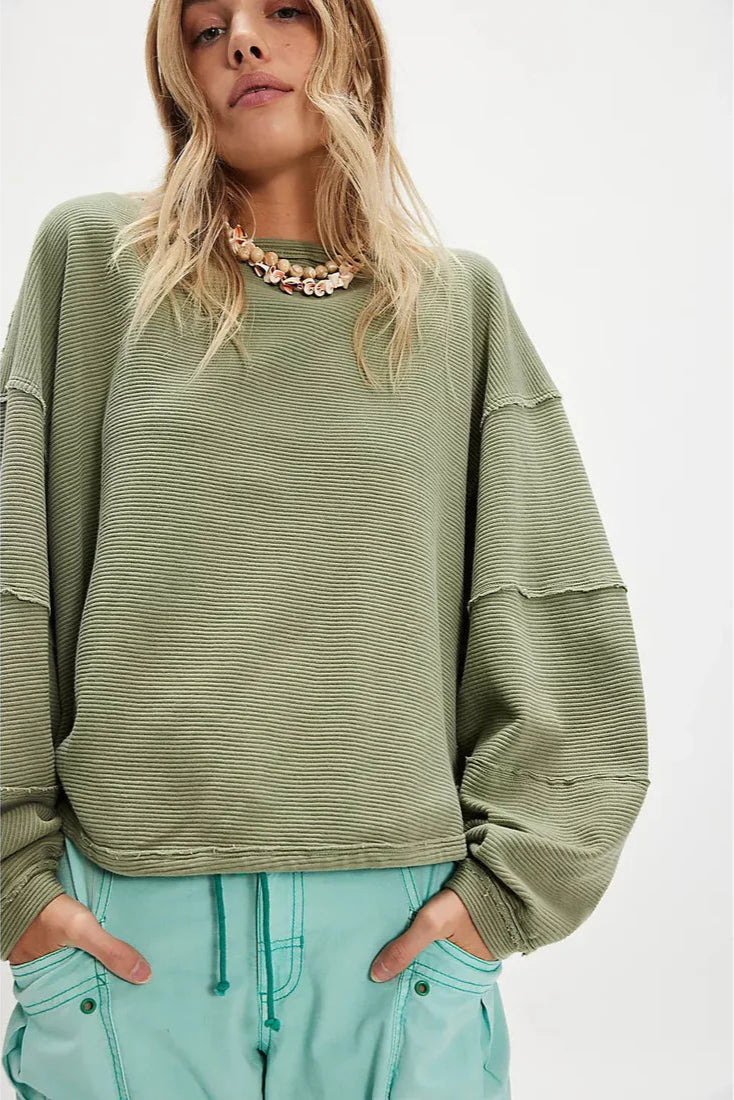 Oversized ribbed tee in sage green with drop-shoulder sleeves