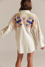 Model wearing Free People Take Flight Emb Shirt slouchy embroidered cotton shir