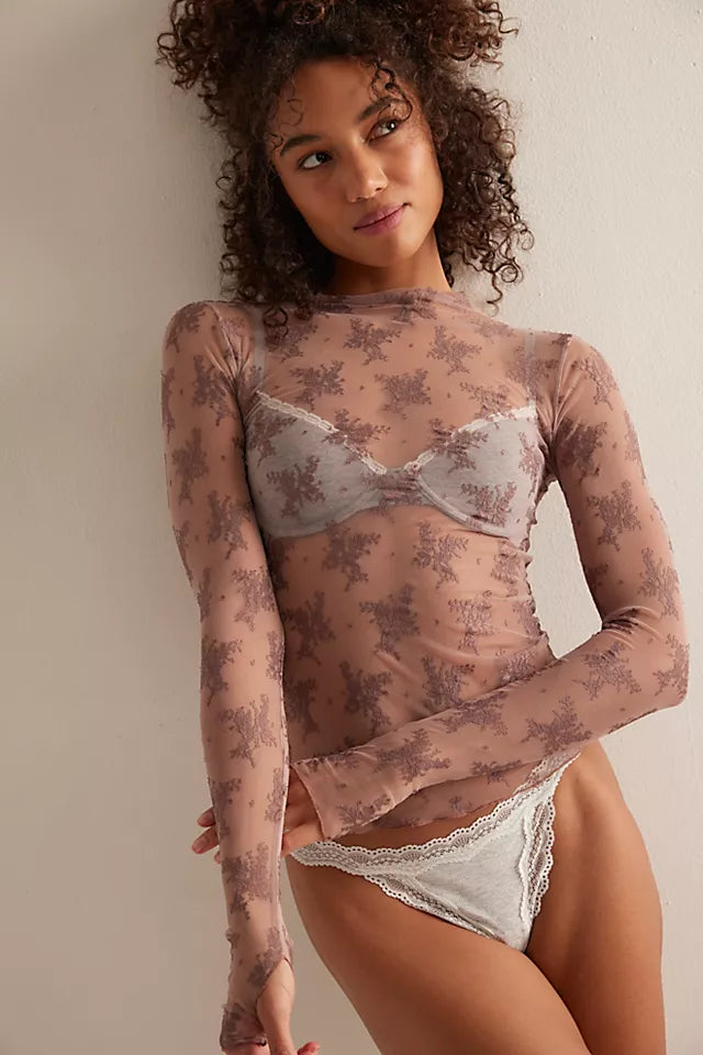 Free People embroidered mesh long sleeve in neutral tones
