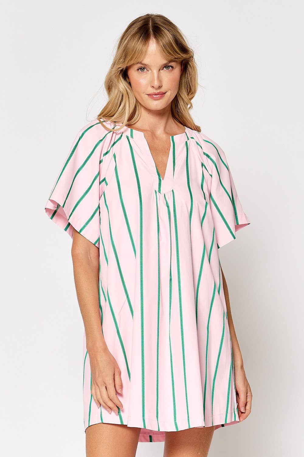 Lalavon - ILD4549 STRIPE V-NECK FLOWY SHORT SLEEVE DRESS: PINK-GREEN / SMALL