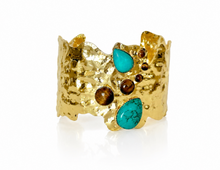 Easton Elle Ultra Haven Cuff, turquoise and brown stones on hammered gold, front view.