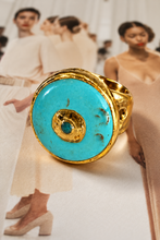 Easton Elle round turquoise ring with hammered gold rim and center detail.