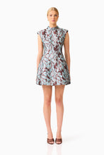 Bloomia Tulip Mini Dress in Brown & Blue Floral with a high neckline and cap sleeves front shot