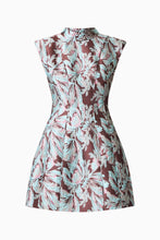 Bloomia Tulip Mini Dress in Brown & Blue Floral with a high neckline and cap sleeves product-only view