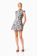 Bloomia Tulip Mini Dress in Brown & Blue Floral with a high neckline and cap sleeves posed shot