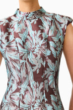 Bloomia Tulip Mini Dress in Brown & Blue Floral with a high neckline and cap sleeves detail shot