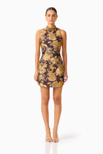 Irisa Shift Mini Dress in Brown & Gold Floral with rhinestone collar and jacquard fabrication front shot