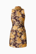 Irisa Shift Mini Dress in Brown & Gold Floral with rhinestone collar and jacquard fabrication product-only view