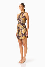 Irisa Shift Mini Dress in Brown & Gold Floral with rhinestone collar and jacquard fabrication side shot