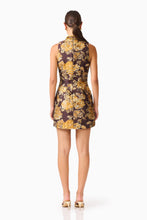 Irisa Shift Mini Dress in Brown & Gold Floral with rhinestone collar and jacquard fabrication back shot