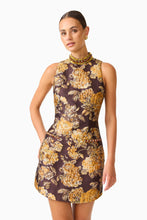 Irisa Shift Mini Dress in Brown & Gold Floral with rhinestone collar and jacquard fabrication close up shot