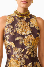 Irisa Shift Mini Dress in Brown & Gold Floral with rhinestone collar and jacquard fabrication detail shot
