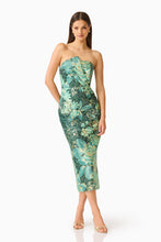 Meliora Column Midi Dress in Green Floral with floral jacquard fabrication & strapless neckline posed shot