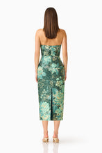 Meliora Column Midi Dress in Green Floral with back zipper & back shirring & back slit  back shot