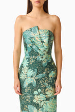 Meliora Column Midi Dress in Green Floral with floral jacquard fabrication & strapless neckline detail shot