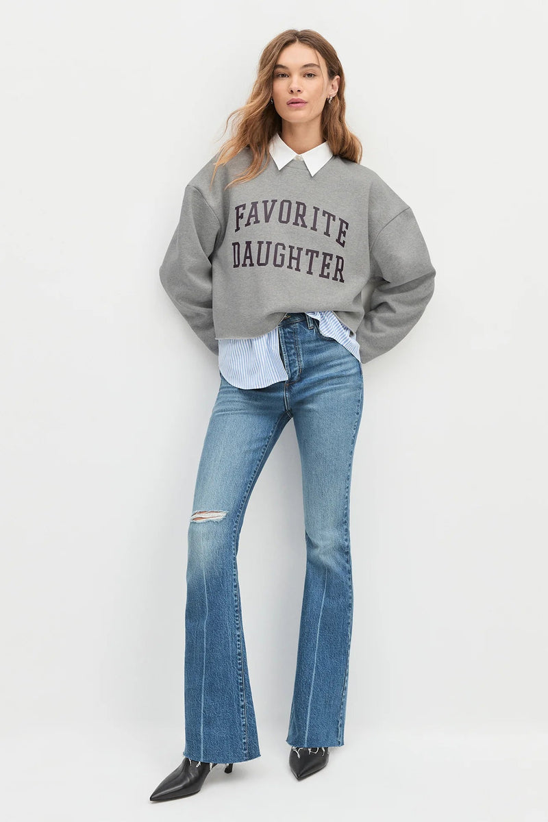 Model wearing the gray  and burgundy 'Favorite Daughter' sweatshirt 