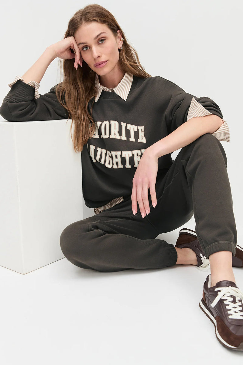 Model wearing the coffee gardenia collegiate sweatshirt  