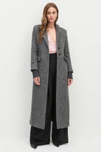 Model wearing the City Coat in grey twill