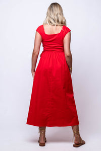 red midi dress with pleated bottom
