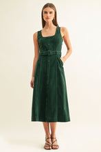 Front view of Adelyn Rae Kensley midi dress in hunter green vegan suede with waist belt