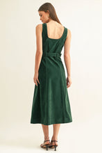 Back view of Kensley hunter green vegan suede midi dress