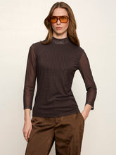 Sanctuary 3/4 Sleeve Mesh Mock Neck Top in Espresso Geo, front model view showing three-quarter sleeves.